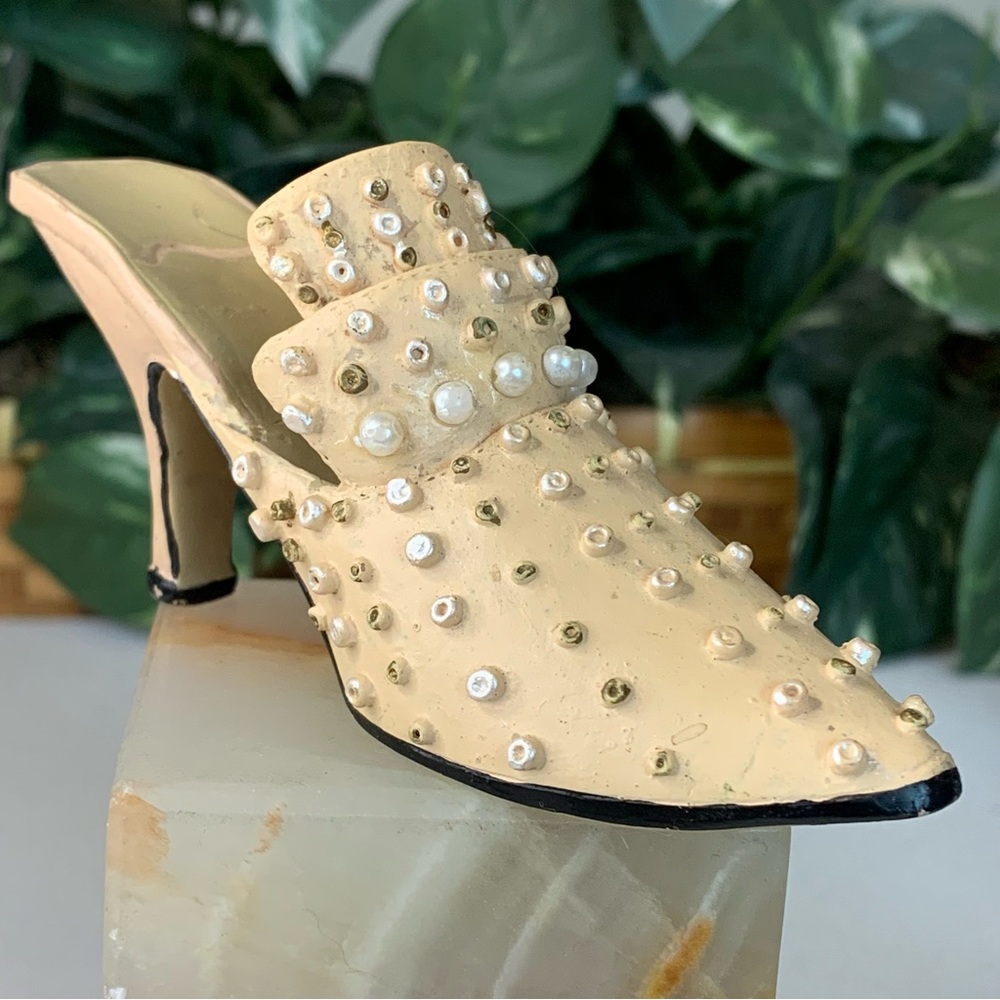 Miniature Mule Shoe Beaded Faux Pearl High Heel Fashion Figurine Collectible 4.7